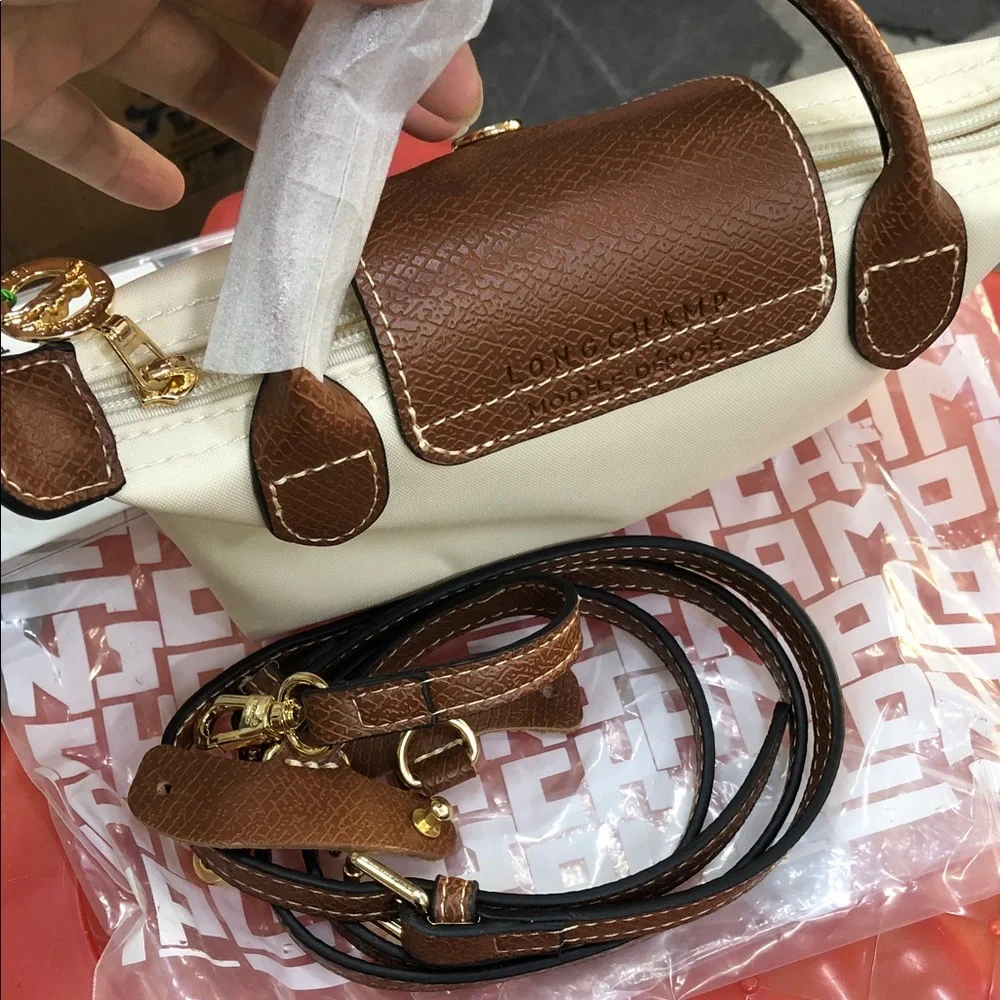 Longchamp Cream and Brown Small Top-Handle Cosmetic Pouch